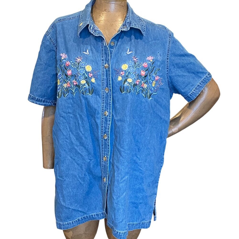Bobbie Brooks Chambray Embroidered Button Down Sh… - image 1